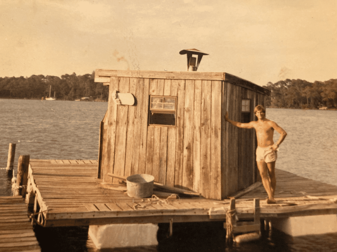 The Flauna, circa 1985. Note the stove pipe from the wood burning stove inside sticking up out of the roof. fred garth floating sauna
